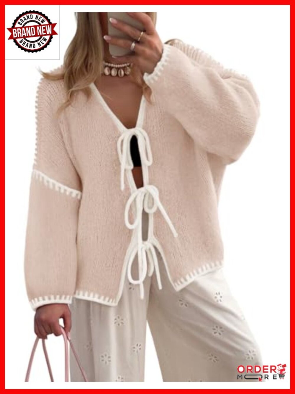 Womens Long Sleeve Cardigan Tie Front Bow Sweater Knit Drop Shoulder